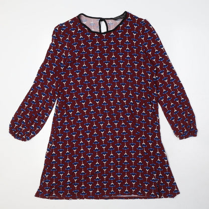 Dorothy Perkins Womens Red Floral Viscose A-Line Size 12 Round Neck Button