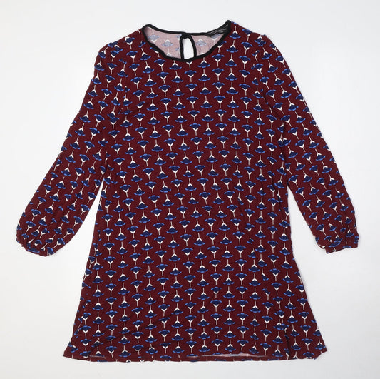 Dorothy Perkins Womens Red Floral Viscose A-Line Size 12 Round Neck Button