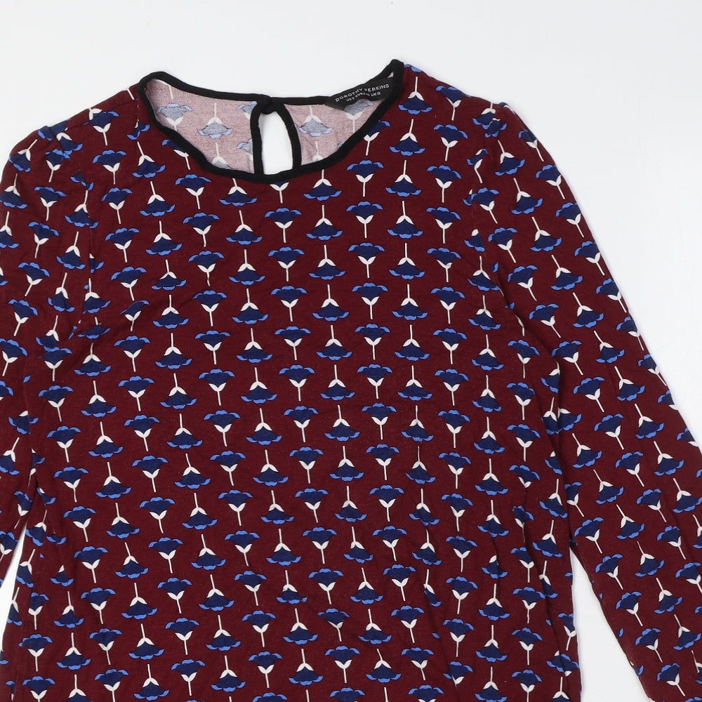 Dorothy Perkins Womens Red Floral Viscose A-Line Size 12 Round Neck Button