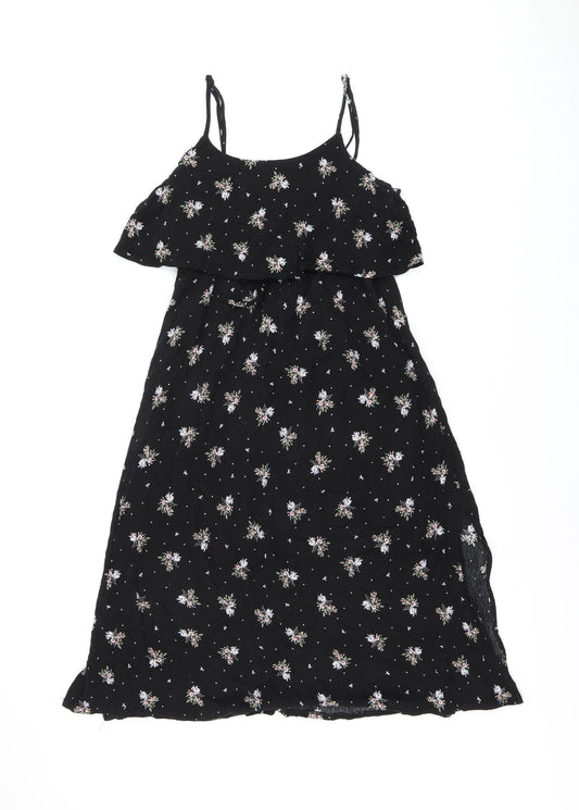 Dotti Womens Black Floral Viscose Shift Size 10 Round Neck Drawstring - Ruffle, Side Slit