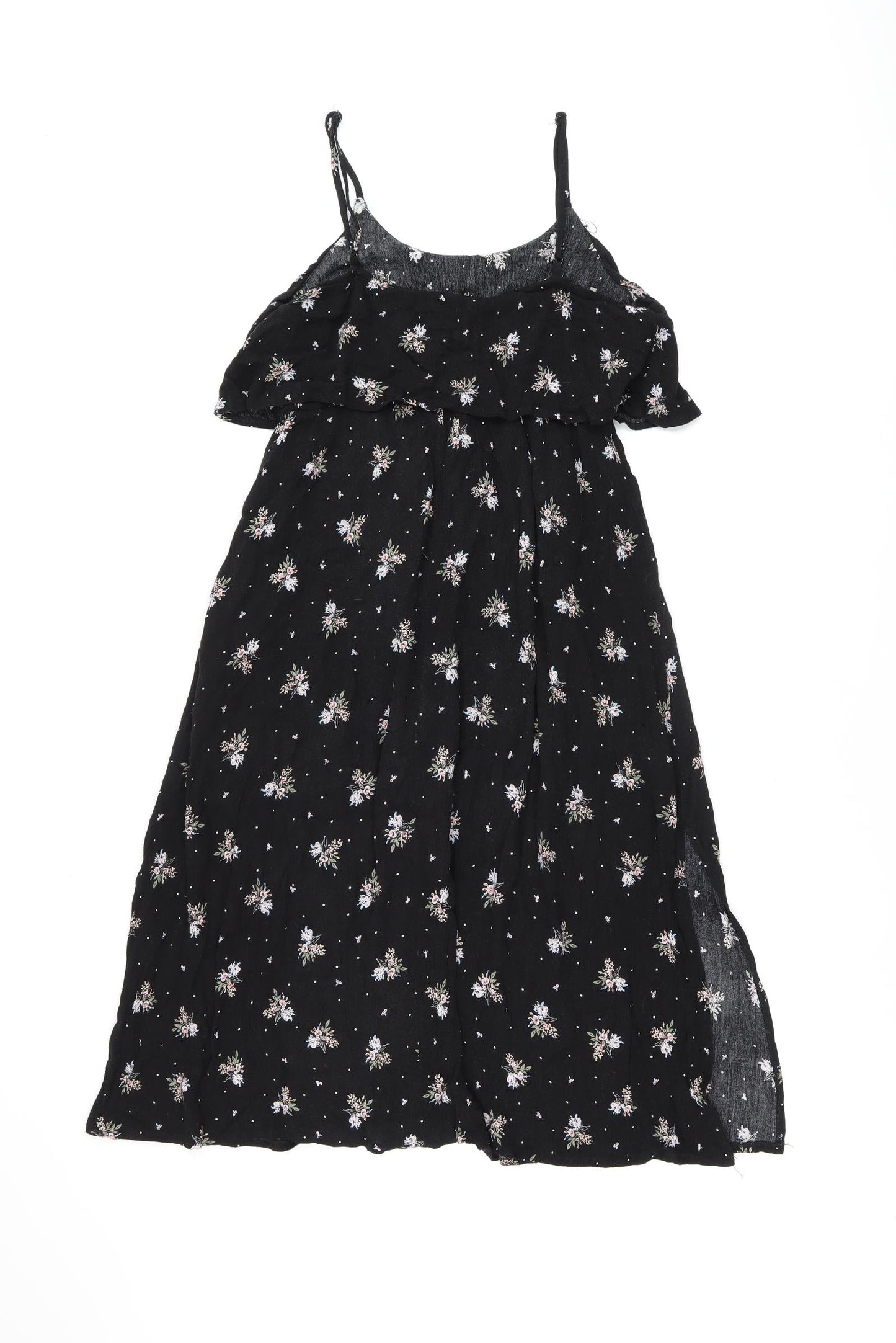 Dotti Womens Black Floral Viscose Shift Size 10 Round Neck Drawstring - Ruffle, Side Slit