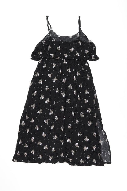 Dotti Womens Black Floral Viscose Shift Size 10 Round Neck Drawstring - Ruffle, Side Slit