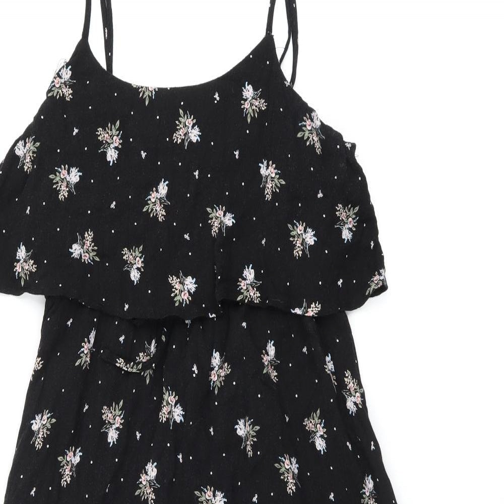 Dotti Womens Black Floral Viscose Shift Size 10 Round Neck Drawstring - Ruffle, Side Slit