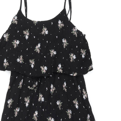 Dotti Womens Black Floral Viscose Shift Size 10 Round Neck Drawstring - Ruffle, Side Slit