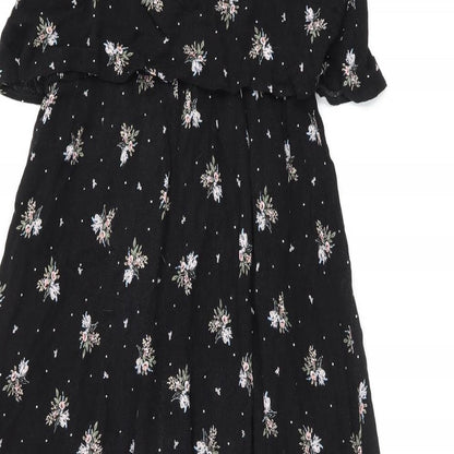 Dotti Womens Black Floral Viscose Shift Size 10 Round Neck Drawstring - Ruffle, Side Slit