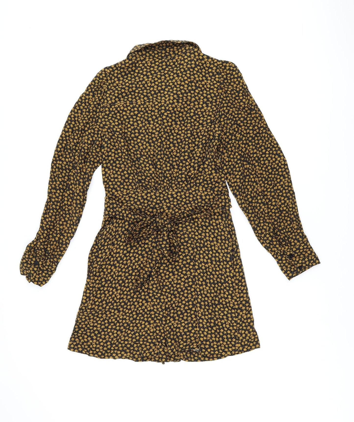 Zara Womens Black Floral Viscose Shirt Dress Size XS Collared Button - Belted