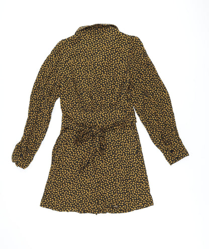 Zara Womens Black Floral Viscose Shirt Dress Size XS Collared Button - Belted