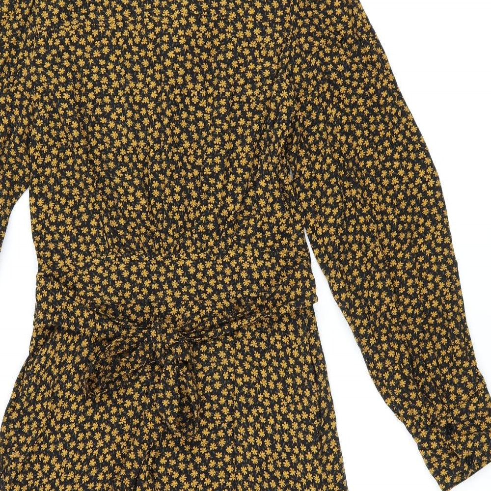 Zara Womens Black Floral Viscose Shirt Dress Size XS Collared Button - Belted