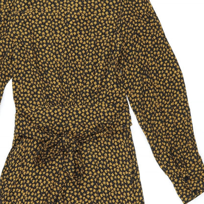 Zara Womens Black Floral Viscose Shirt Dress Size XS Collared Button - Belted