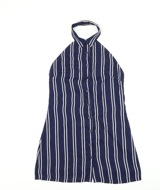 Boohoo Womens Blue Striped Polyester Basic Button-Up Size 8 Halter - Open Back