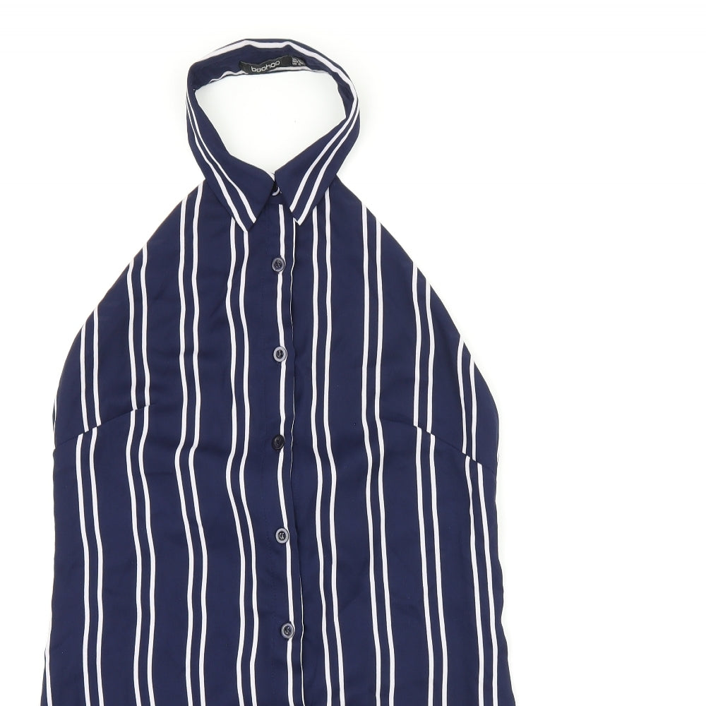 Boohoo Womens Blue Striped Polyester Basic Button-Up Size 8 Halter - Open Back