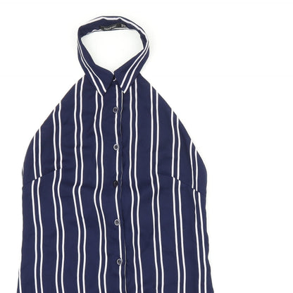 Boohoo Womens Blue Striped Polyester Basic Button-Up Size 8 Halter - Open Back