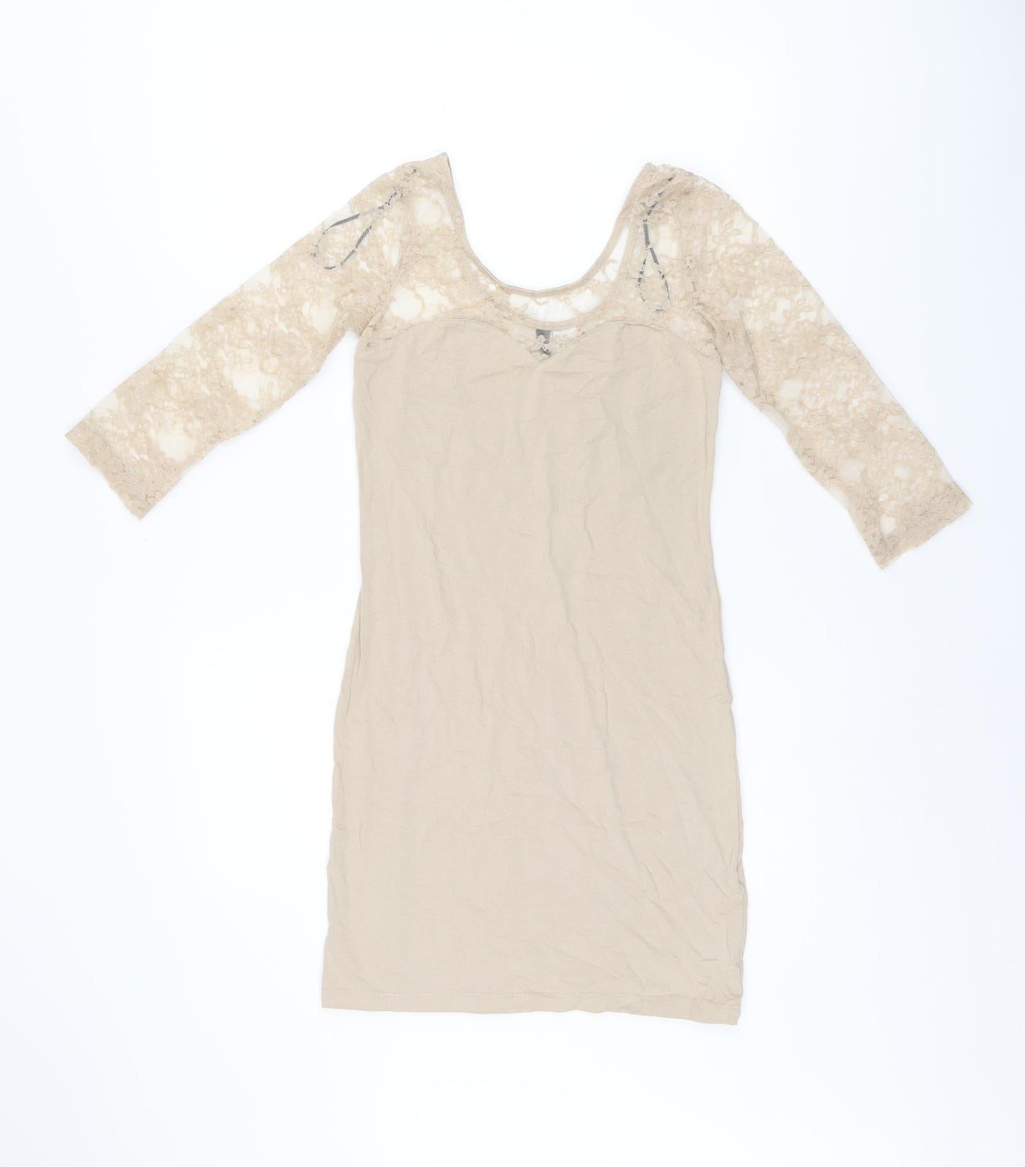 H&M Womens Beige Polyamide Bodycon Size 8 Boat Neck Pullover - Lace Sleeves and Neckline