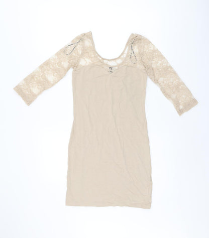 H&M Womens Beige Polyamide Bodycon Size 8 Boat Neck Pullover - Lace Sleeves and Neckline