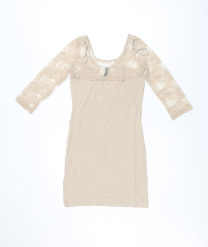 H&M Womens Beige Polyamide Bodycon Size 8 Boat Neck Pullover - Lace Sleeves and Neckline