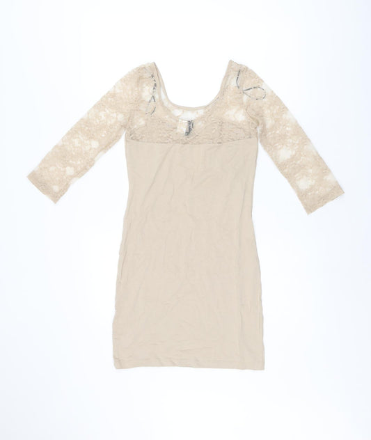 H&M Womens Beige Polyamide Bodycon Size 8 Boat Neck Pullover - Lace Sleeves and Neckline