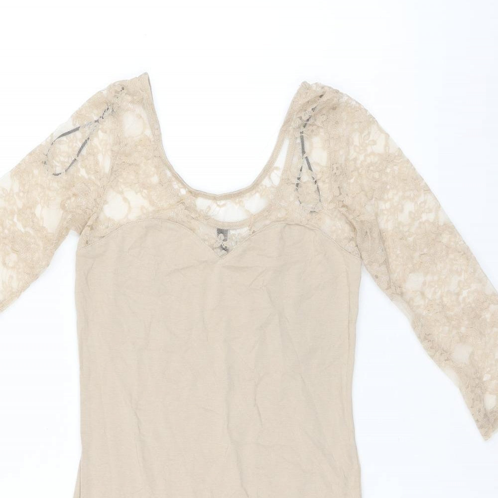 H&M Womens Beige Polyamide Bodycon Size 8 Boat Neck Pullover - Lace Sleeves and Neckline