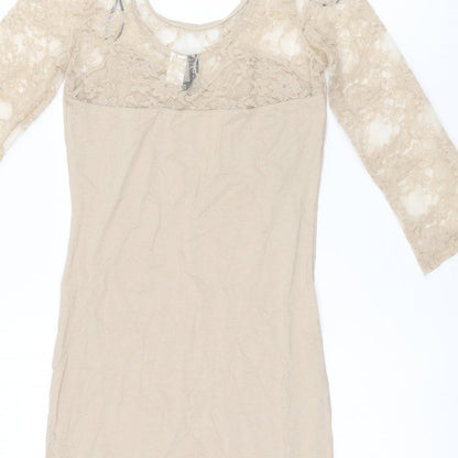H&M Womens Beige Polyamide Bodycon Size 8 Boat Neck Pullover - Lace Sleeves and Neckline