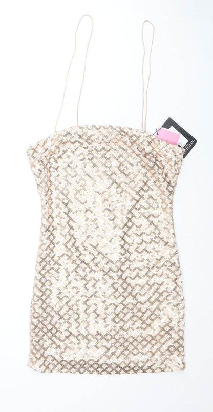 PRETTYLITTLETHING Womens Gold Geometric Polyester Mini Size 12 Square Neck Zip - Sequin Detail