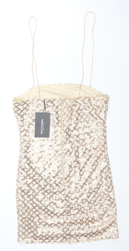 PRETTYLITTLETHING Womens Gold Geometric Polyester Mini Size 12 Square Neck Zip - Sequin Detail