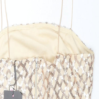 PRETTYLITTLETHING Womens Gold Geometric Polyester Mini Size 12 Square Neck Zip - Sequin Detail