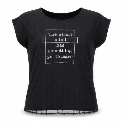 Sweet Fleur Womens Black Cotton Basic T-Shirt Size M Round Neck - Wisest Mind Has Something To Learn, Mesh Front