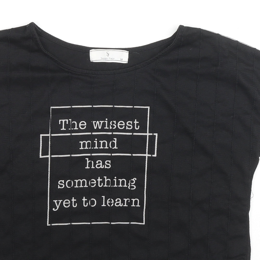 Sweet Fleur Womens Black Cotton Basic T-Shirt Size M Round Neck - Wisest Mind Has Something To Learn, Mesh Front