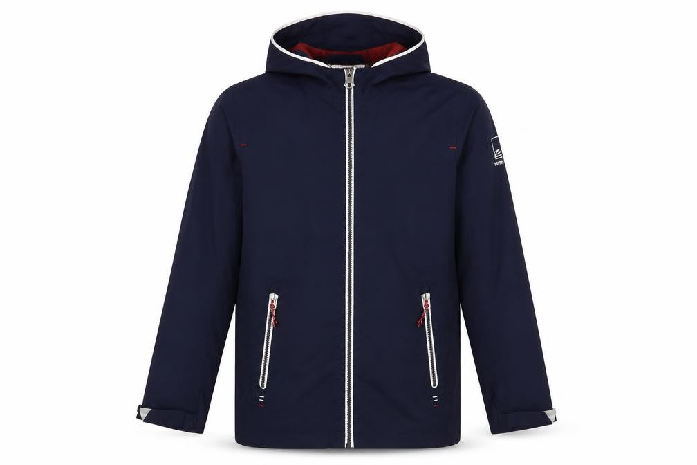Front view of Tribord boys’ blue jacket, size M, zip - zipped pockets
