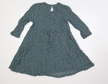 H&M Womens Green Geometric Viscose Trapeze & Swing Size 10 Round Neck Button