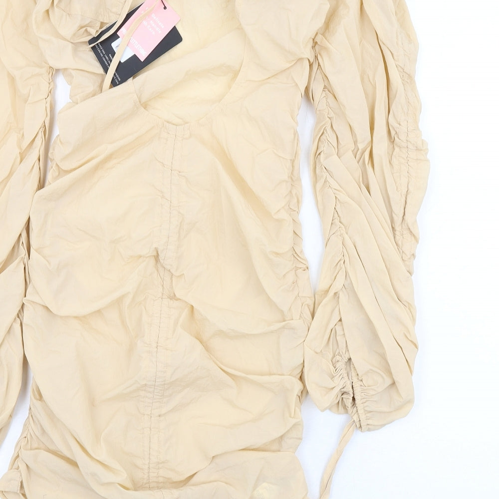 PRETTYLITTLETHING Womens Beige Nylon Bodycon Size 8 Square Neck Zip