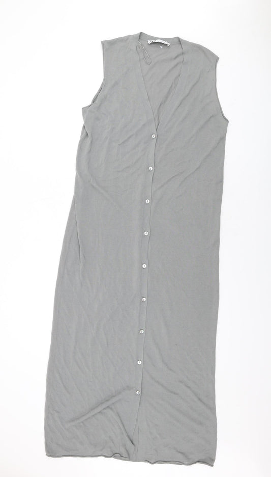 Zara Womens Grey Cotton Maxi Size M V-Neck Button