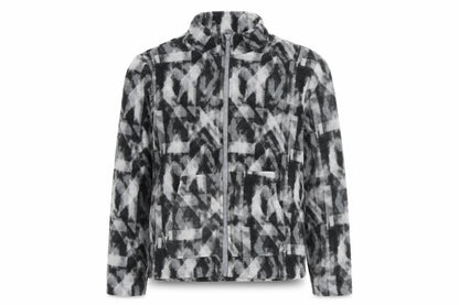 Front view of Eddie Bauer girls’ grey geometric jacket, size 10-11, years zip
