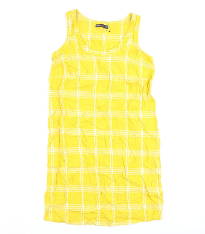 Marks and Spencer Womens Yellow Check Flax A-Line Size 10 Round Neck Pullover