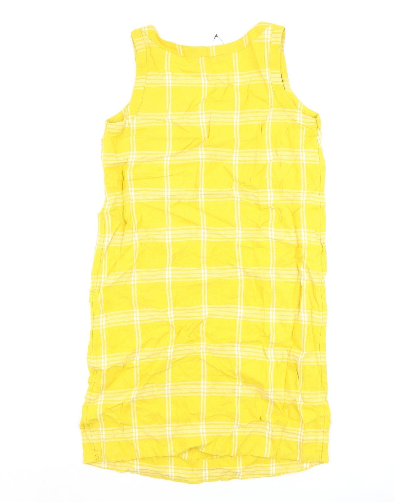 Marks and Spencer Womens Yellow Check Flax A-Line Size 10 Round Neck Pullover