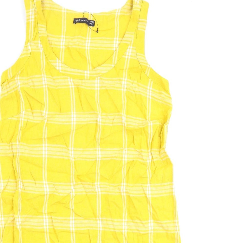 Marks and Spencer Womens Yellow Check Flax A-Line Size 10 Round Neck Pullover