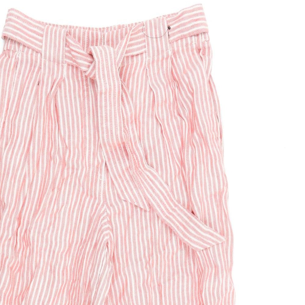 Marks and Spencer Womens Red Striped Flax Trousers Size 10 L23 in Regular Zip