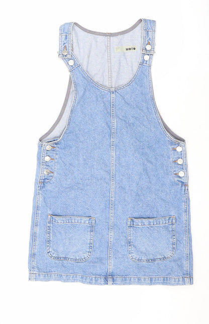 Topshop Womens Blue Cotton Pinafore/Dungaree Dress Size 8 Round Neck Button