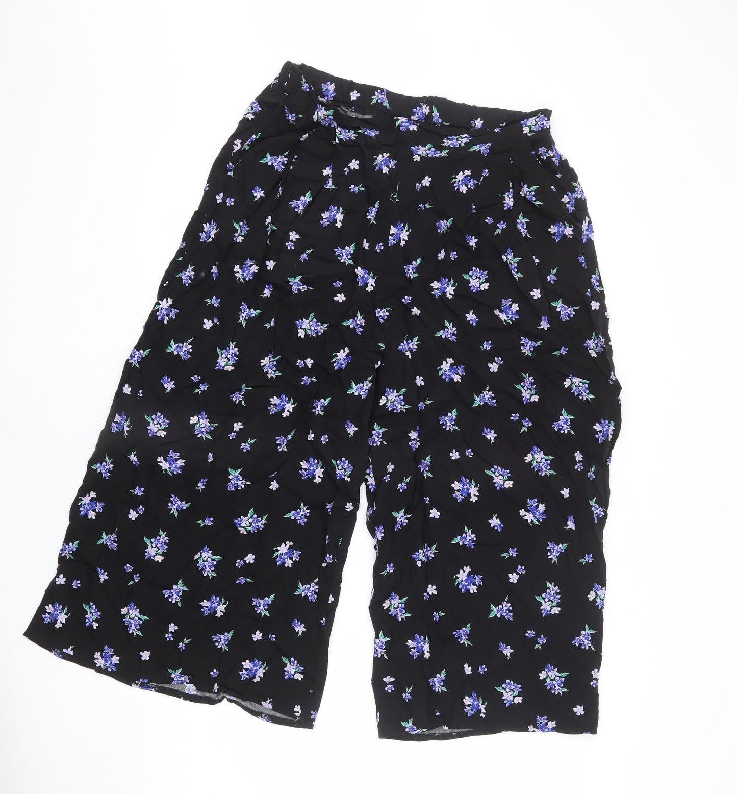 Nobody's Child Womens Black Floral Viscose Trousers Size 14 L20 in Regular - Cropped