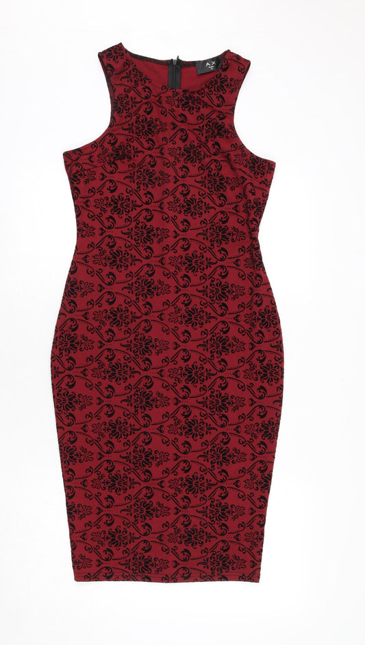 AX Paris Womens Red Geometric Polyester Bodycon Size 12 Round Neck Zip