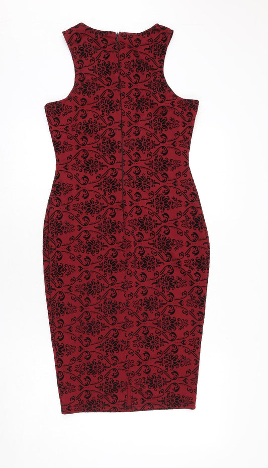 AX Paris Womens Red Geometric Polyester Bodycon Size 12 Round Neck Zip