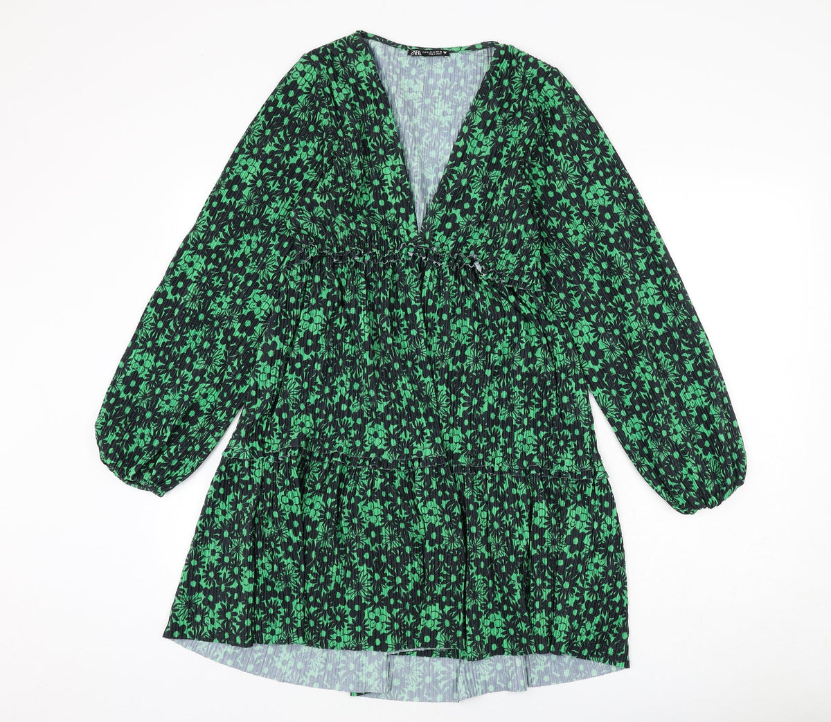 Zara Womens Green Floral Polyester A-Line Size M V-Neck Pullover