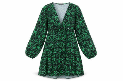 Zara Womens Green Floral Polyester A-Line Size M V-Neck Pullover