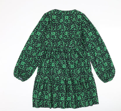 Zara Womens Green Floral Polyester A-Line Size M V-Neck Pullover