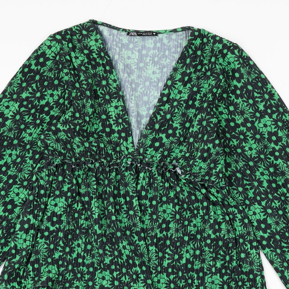Zara Womens Green Floral Polyester A-Line Size M V-Neck Pullover