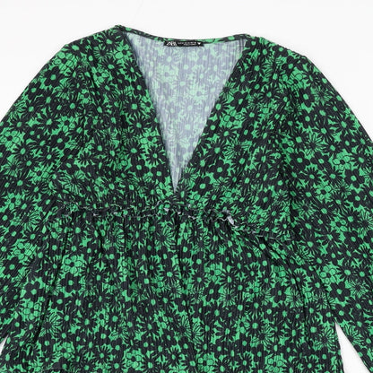 Zara Womens Green Floral Polyester A-Line Size M V-Neck Pullover