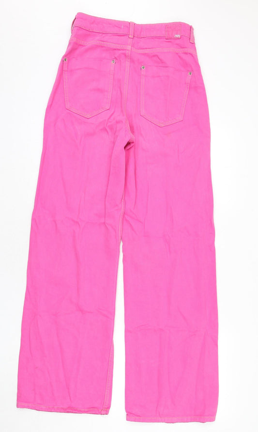 Zara Womens Pink Cotton Wide-Leg Jeans Size 8 L31 in Regular Zip