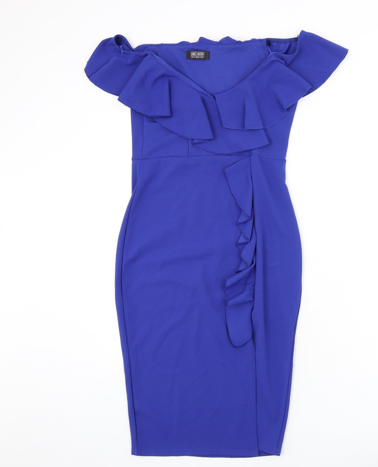 Girls On Film Womens Blue Polyester Bodycon Size 10 Off the Shoulder Pullover - Ruffle Detail, Slit