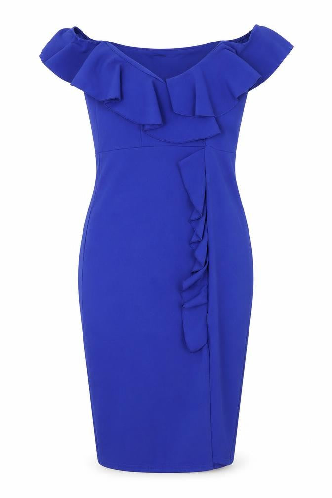 Girls On Film Womens Blue Polyester Bodycon Size 10 Off the Shoulder Pullover - Ruffle Detail, Slit
