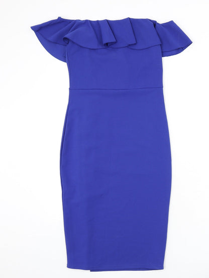 Girls On Film Womens Blue Polyester Bodycon Size 10 Off the Shoulder Pullover - Ruffle Detail, Slit