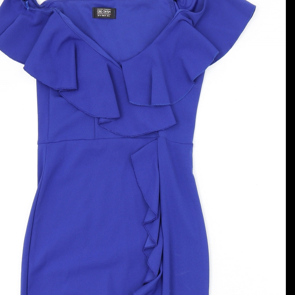 Girls On Film Womens Blue Polyester Bodycon Size 10 Off the Shoulder Pullover - Ruffle Detail, Slit